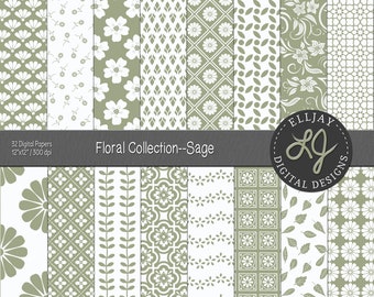 Sage Floral Digital Paper Pack: 32 Seamless Patterns (12x12", 300 dpi)