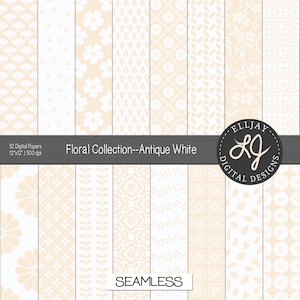 Pacote de papel digital floral creme. 32 padrões brancos antigos. Fundo floral branco antigo. Papel de álbum de recortes floral sem costura. Uso comercial