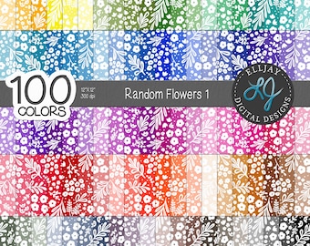 Random flowers digital paper pack. 100 colors. Seamless floral backgrounds. Card & Scrapbook Paper. Instant Download. Commercial use.