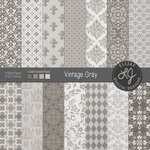 Vintage grijs digitaal papieren pak. Getextureerd grijs digitaal papier. Taupe vintage patronen. Damast, bloemenpatronen. Vintage trouwpapieren.