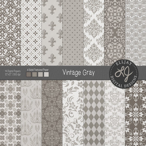 Vintage gray digital paper pack. Textured gray digital paper. Taupe vintage patterns. Damask, floral patterns. Vintage wedding papers.