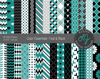 May include: A collection of 28 digital papers with various patterns in teal, black, and white. Designs include stripes, polka dots, chevrons, and geometric shapes. The papers are 12" x 12" and 300 dpi. The text reads "Color Essentials--Teal & Black" and "SEAMLESS".