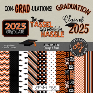 Orange and Black 2025 Graduation digital paper. Class of 2025. Scrapbooks, cards, announcements, invites, party decor. 2023 2024 graduation.