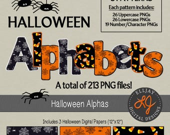 Zestaw alfabetu PNG na Halloween: grafika pająka i kukurydzy cukrowej (pobieranie cyfrowe)
