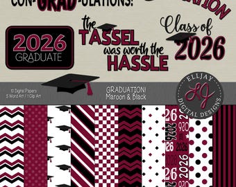 Paquete de papeles digitales de graduación 2026, granate y negro (descarga digital)
