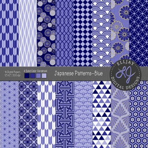 May include: A set of 16 digital papers featuring Japanese patterns in blue and white. The patterns include geometric shapes, flowers, and traditional Japanese designs. The text "Japanese Patterns--Blue" is displayed on the image.