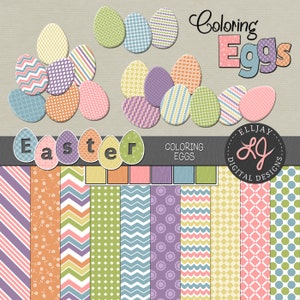 Ostern digitales Papier mit Osterei Clipart und Wortkunst. Nahtlos gemusterte Pastellpapiere. Für Scrapbooking, Karten, Basteln.