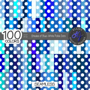 Blue polka dot digital paper. 100 shades of blue. Blue polka dot seamless patterns. Printable polka dots. Blue scrapbook. Blue backgrounds.