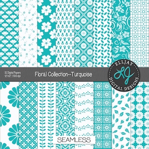 Turquoise Floral Digital Paper Pack: Seamless Scrapbook Patterns (Digital Download)