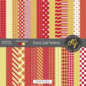 Rotes und goldenes digitales Papier mit leichter Struktur für die Abschlussfeier, Scrapbooking, Bastelarbeiten, Karten. Nahtloses digitales Papier. Rot gelbes Scrapbook Papier.