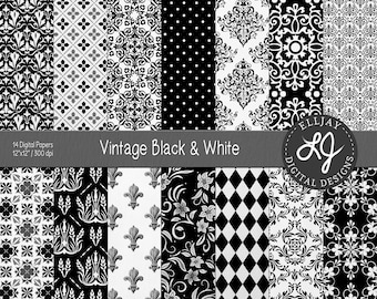 May include: A set of 14 digital papers in black and white featuring various vintage patterns. The papers are 12 inches by 12 inches and 300 dpi. The text "Vintage Black & White" is displayed in the center of the image.