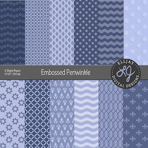 Embossed blue digital paper w/cardstock texture. Printable periwinkle backgrounds.  Embossed polka dot, chevron, floral. Commercial use.