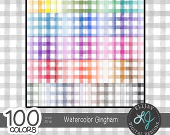 Papier cyfrowy akwarelowy w kratkę gingham: 100 kolorów, wzory do scrapbookingu (pobranie cyfrowe)