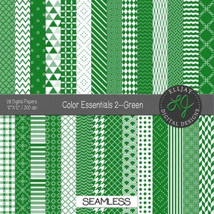 May include: A collection of 28 digital papers in various green patterns, including stripes, chevrons, and geometric shapes. The papers are 12" x 12" and 300 dpi. The text "Color Essentials 2--Green" and "SEAMLESS" are also visible.