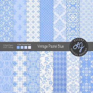 Pastel blue damask digital paper pack. Light blue digital paper. Light pink vintage patterns. Damask, floral patterns. Vintage wedding paper