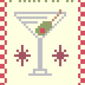 Może przedstawiać: Projekt w stylu pixel art przedstawiający kieliszek do martini z oliwką, otoczony dwiema gwiazdkami. Napis MARTINI TIME jest wyświetlany zielonymi, pikselowymi literami. Całość otoczona jest czerwono-białą szachownicą na kremowym tle.