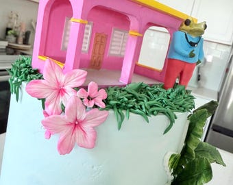 Roze huis- en kikkertaarttopper geïnspireerd op Bad Bunny | Puerto Rico huistopper | Gepersonaliseerde verjaardagstaartdecoratie | 3D-geprinte topper