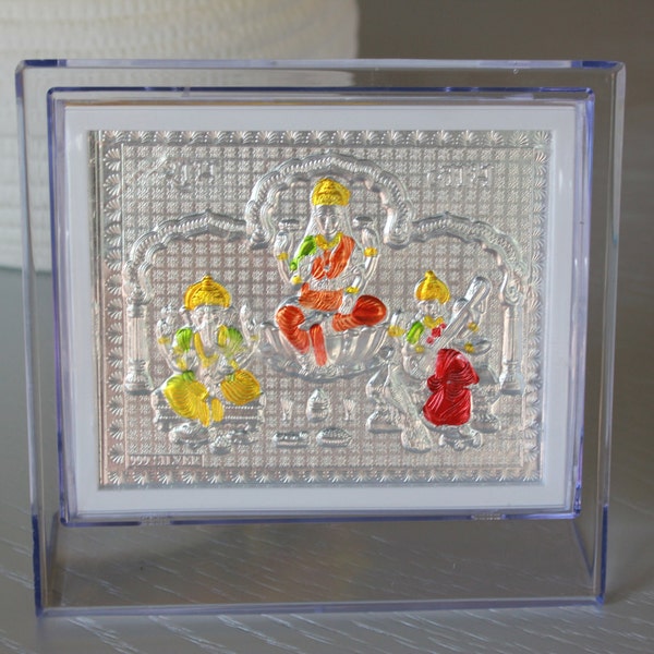 999 Silver Colored Lakshmi Ganesha Saraswati Photo Frame with Flat base