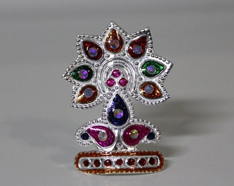 Silver mukut/crown  for laddu gopal /krishna. Adjustable size. Meena color and zircon design.