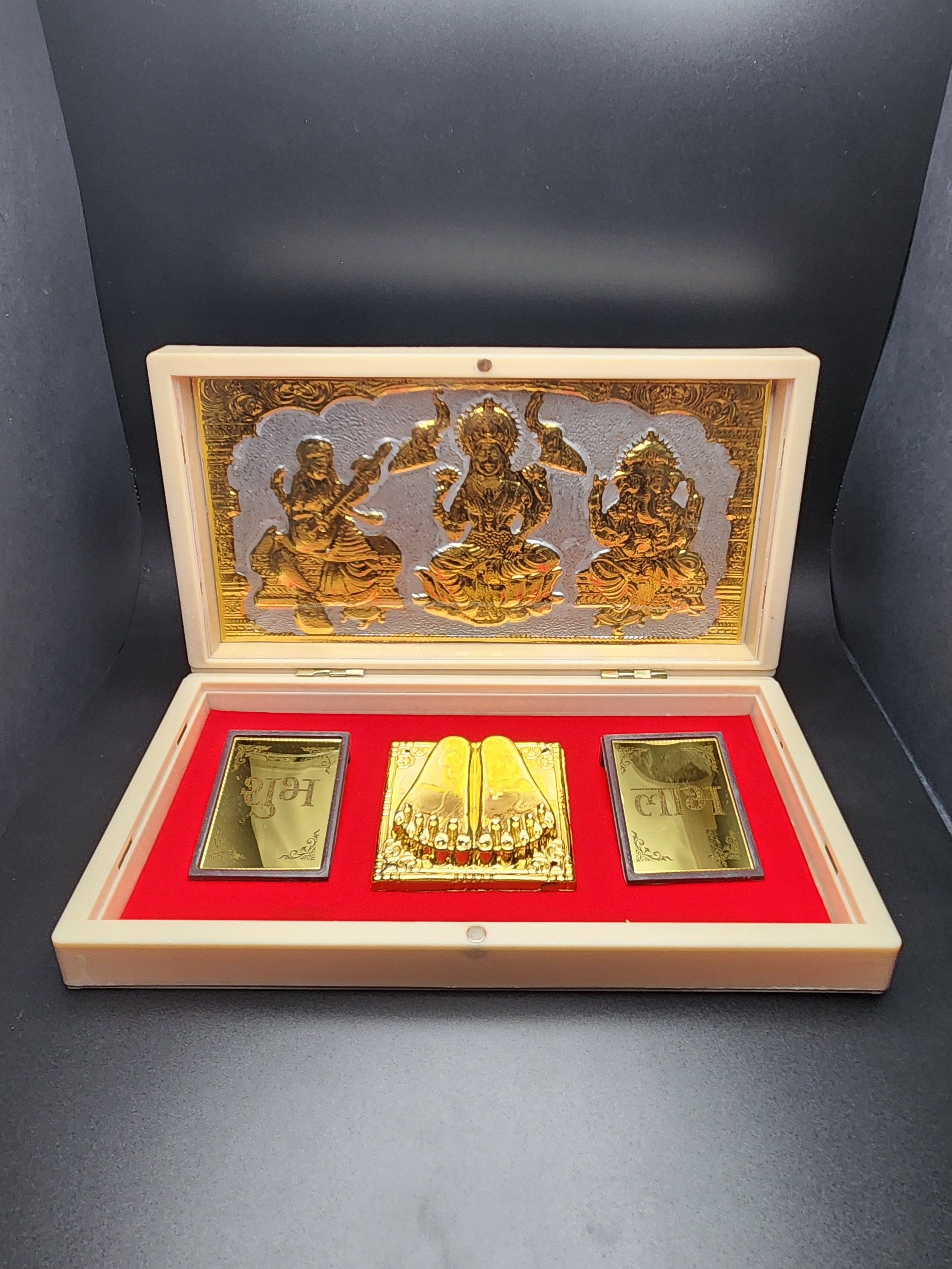 Brass Ganesh Laxmi Saraswati Photo With Charan Paduka in Acrylic