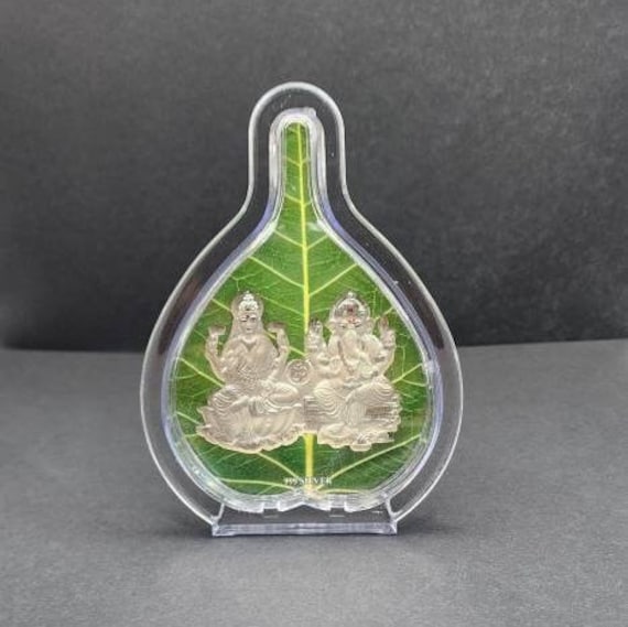 999 Pure Silver Lakshmi Ganesha Idol | Green Leaf Frame, Diwali