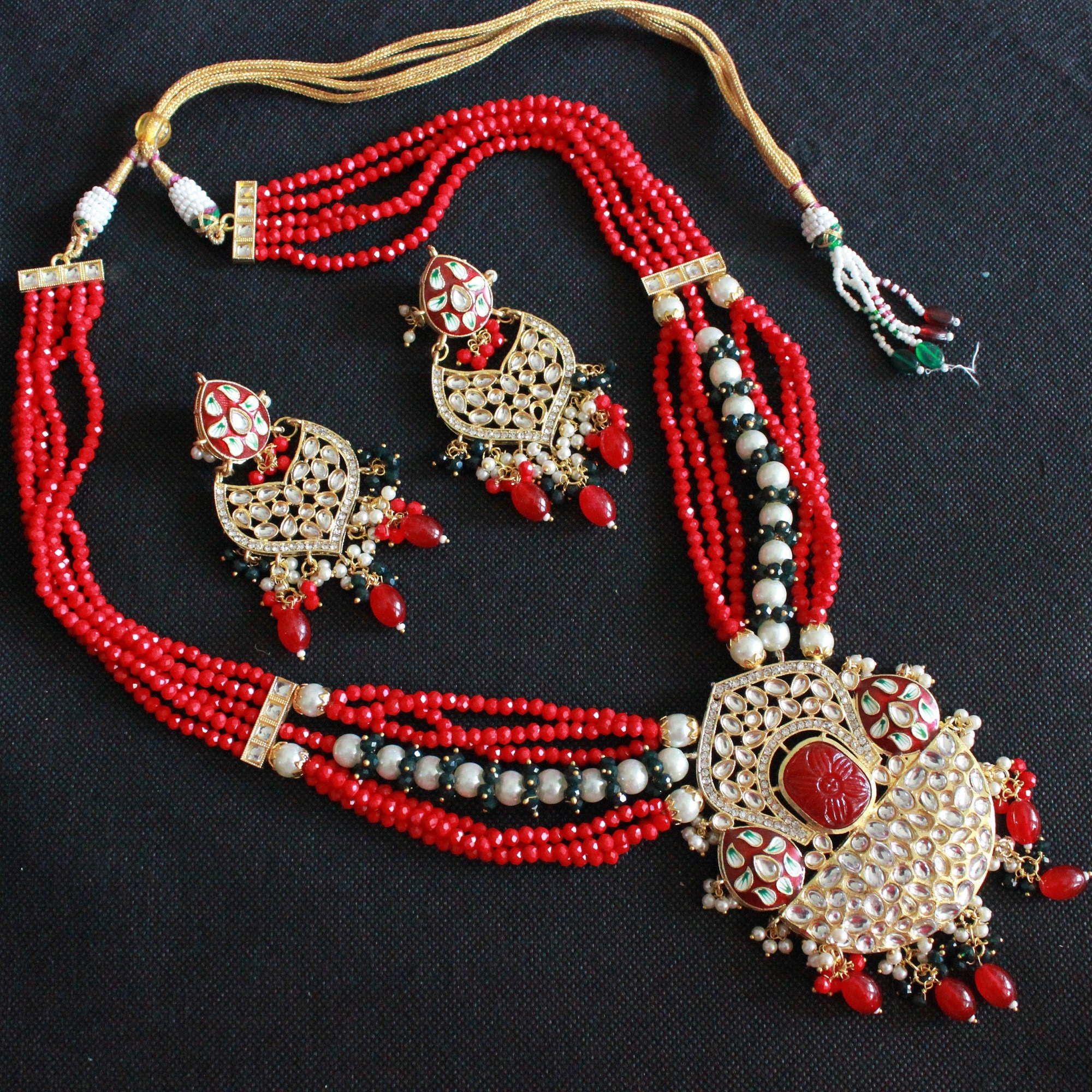 Beautiful Long Beaded Necklace Set With Kundan, Meena Art in Multiple