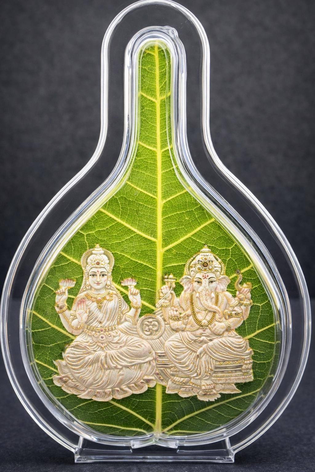 999 Pure Silver Lakshmi Ganesha Idol | Green Leaf Frame, Diwali