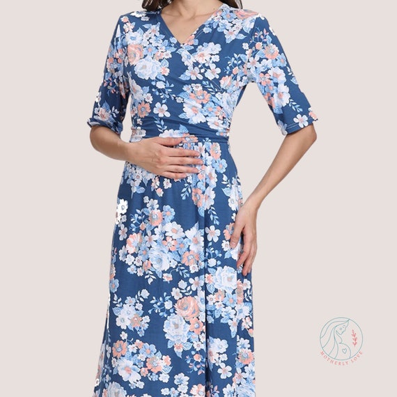 blue and white floral maternity dress Floral Adjustable Sleeve V-Neck Maternity Dress SAGE / X-LARGE main image 1