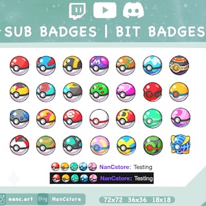 Puede incluir: Colección de diseños de Poké Ball coloridos y estilizados para Twitch y Discord. La imagen presenta varios patrones y colores, incluyendo rojo, azul, amarillo y verde. El texto incluye "SUB BADGES | BIT BADGES" y "NanCstore: Testing". Tamaños: 72x72, 36x36 y 18x18.
