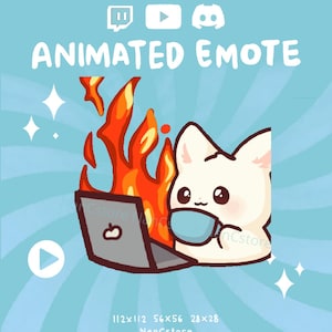 Geanimeerde kawaii chill witte kat met koffie achter vuur laptopemote voor Twitch and Discord | Klaar voor gebruik | Grappig Ontspannen Schattig Schattig