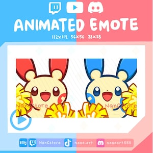 May include: Animated emote graphic with a cartoon character holding pom-poms. The character has red and blue accents. The text "ANIMATED EMOTE" is displayed above the image, along with social media icons and size dimensions.