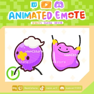 Könnte beinhalten: Animierte Emote-Grafik mit zwei lila Cartoon-Charakteren. Einer ist eine runde Form mit einem lächelnden Gesicht, der andere eine schädelartige Form mit einem gelben Kreuz. Der Text "ANIMATED EMOTE" steht oben.