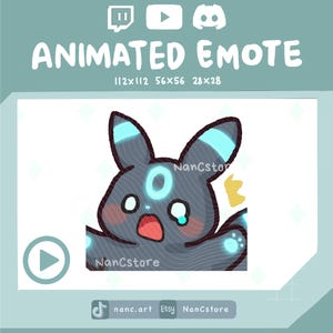 May include: An animated emote of a cartoon character with black fur and blue highlights, displaying a surprised expression. The image includes the text "ANIMATED EMOTE" and size details. The Etsy shop name "NanCstore" is also visible.