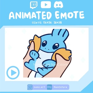 May include: A digital illustration of a blue cartoon character being held by two hands. The image includes the text "ANIMATED EMOTE" and social media icons. The image is in a light blue frame with the text "nanc.art Etsy NanCstore".