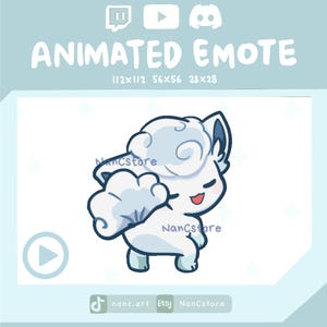 May include: An animated emote featuring a white cartoon creature with blue accents, a fluffy cloud-like tail, and a smiling expression. The text "ANIMATED EMOTE" is at the top, with size dimensions below. The image includes social media icons and the text "nanc.art Etsy NanCstore".
