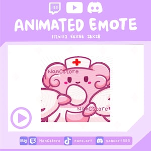 May include: A pink animated emote with a nurse's hat and a red cross. The image includes the text "ANIMATED EMOTE" and social media icons for Etsy, Twitch, TikTok, and Discord.