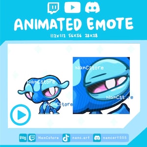 Może przedstawiać: Cyfrowa grafika niebieskiej animowanej emotki o kreskówkowym designie. Obraz zawiera tekst "ANIMATED EMOTE" i ikony mediów społecznościowych. Emotka jest dostępna w rozmiarach 112x112, 56x56 i 28x28 pikseli.