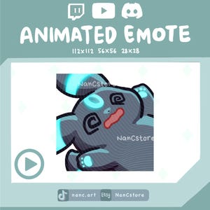 May include: Animated emote featuring a stylized, gray creature with blue accents and a red mouth. The image includes the text "ANIMATED EMOTE" and dimensions. Social media icons and the seller's name are also present.