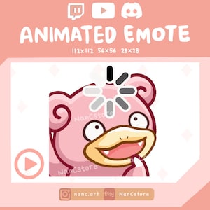 Può includere: Emote animata rosa con un personaggio dei cartoni animati Slowpoke con un simbolo di caricamento sopra la testa. L'immagine include il testo "ANIMATED EMOTE" e le icone dei social media. È visibile anche il nome del negozio Etsy "NanCstore".
