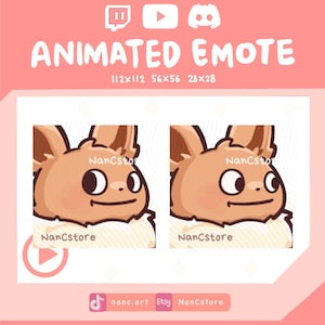 May include: Animated emote featuring a cartoon character with brown fur, large ears, and a fluffy white collar. The image includes the text "ANIMATED EMOTE" and dimensions. The artist's name, "NanCstore," is also displayed.