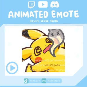 May include: Animated emote featuring a yellow cartoon character with a dazed expression and a ghost-like figure. The image includes the text "ANIMATED EMOTE" and size dimensions. The image also includes social media icons and the text "nanc.art Etsy Nancstore".
