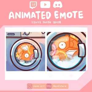 Puede incluir: Diseño de emote animado que muestra un pez naranja dentro de una lavadora. La imagen incluye el texto "ANIMATED EMOTE" y dimensiones. El diseño es para plataformas como Twitch, YouTube y Discord. El artista es "NancStore".