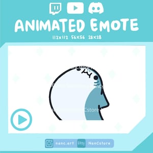 Può includere: Un design di emote animata con un personaggio azzurro e bianco di profilo. L'immagine include il testo "ANIMATED EMOTE" con specifiche delle dimensioni. Sono presenti anche icone di social media e il nome dell'artista.