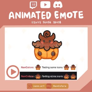 May include: Animated emote graphic featuring a cartoon pumpkin with a brown top and orange body. The image includes text that reads "ANIMATED EMOTE" and "NanCstore". The graphic is designed for use on platforms like Twitch, YouTube, and Discord.