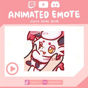 Puede incluir: Un emote animado rosa y blanco con un personaje de dibujos animados con detalles rojos y un ojo amarillo. La imagen incluye el texto "ANIMATED EMOTE" y los tamaños 112x112, 56x56 y 28x28. La imagen también incluye iconos de redes sociales y el texto "nanc.art Etsy NanCstore".