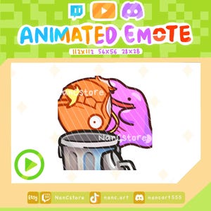 Op de afbeelding: Geanimeerde Emote-afbeelding met een ontwerp van een vuilnisbak, oranje vis en paarse blob. De tekst "ANIMATED EMOTE" wordt boven de afbeelding weergegeven, met afmetingen. Social media-pictogrammen en verkopersinformatie zijn ook aanwezig.