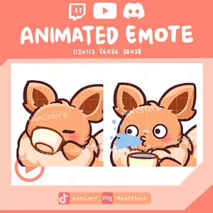 May include: Animated emote featuring a cartoon fox-like character in two poses: sleeping and drinking from a mug. The image includes the text "ANIMATED EMOTE" and social media icons. The dimensions are 112x112, 56x56, and 28x28 pixels.