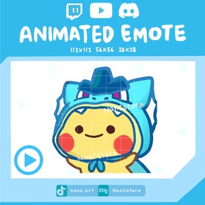 Op de afbeelding: Digitale illustratie van een geanimeerde emote. De afbeelding toont een geel personage in een blauw dinosaurus kostuum. De tekst "ANIMATED EMOTE" wordt weergegeven, samen met social media iconen. De emote is ontworpen voor gebruik op platforms zoals Twitch, YouTube en Discord.