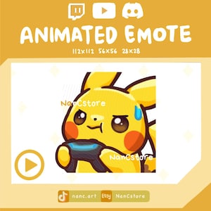 Könnte beinhalten: Animierter Emote mit einem gelben Cartoon-Charakter mit roten Wangen, der einen Gamecontroller hält. Der Charakter hat einen besorgten Gesichtsausdruck. Der Text enthält "ANIMATED EMOTE" und "NanCstore".