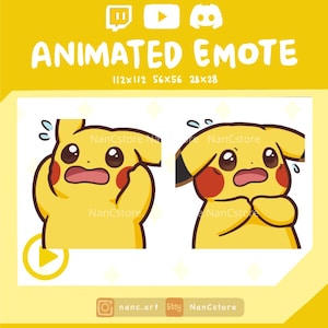 May include: Animated emote featuring a yellow cartoon character with red cheeks and a worried expression. The image includes the text "ANIMATED EMOTE" and dimensions. Social media icons and the seller's name are also present.
